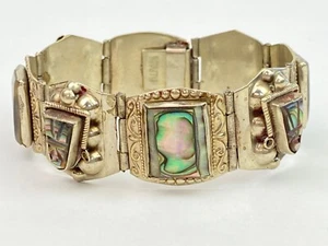 MEXICO Chunky Bracelet Alpaca Silver Tone Abalone Tribal Link - Picture 1 of 16