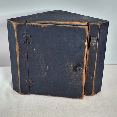 Small Wooden Corner Wall Hanging Cabinet Cupboard Painted Navy Country Rustic - Image 1 of 4