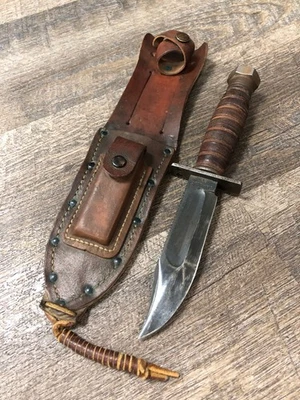 Faca de lâmina fixa vintage Camillus NY 9" sobrevivência piloto cabo de couro com bainha - Imagem 1 de 4