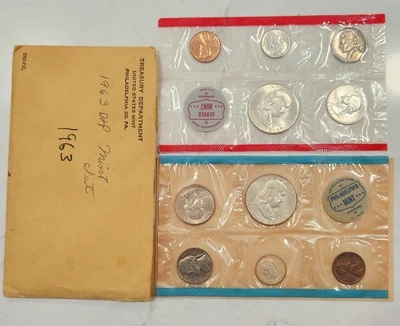 1963 US Mint Set Uncirculated 10 Coin P & D OGP 90% Silver In Envelope - Image 1 of 2