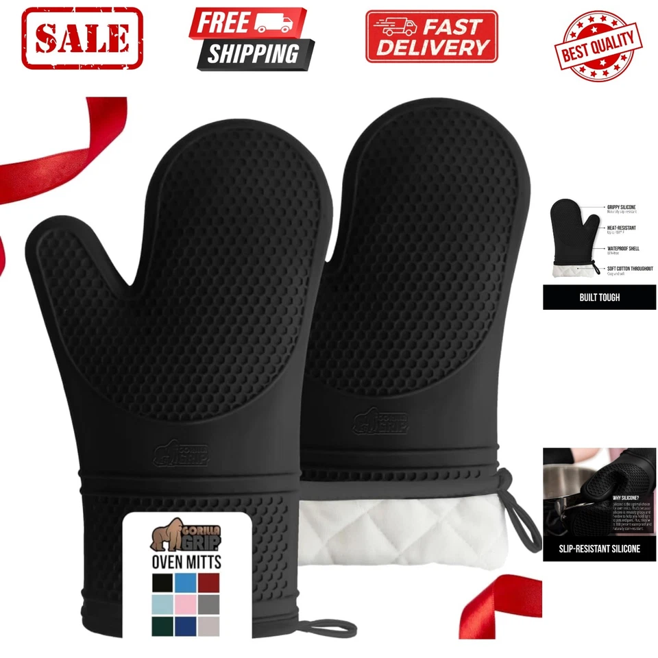 Gorilla Grip Slip and Heat Resistant Silicone Oven Mitts Soft Quilted Lining E