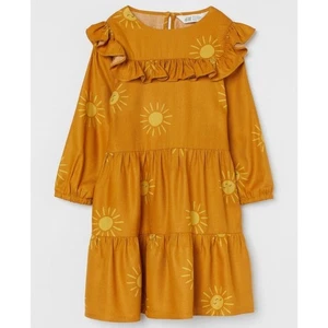 H&M Girls Mustard Yellow Smiling Sun Printed Rayon Dress Size 7 - Picture 1 of 10