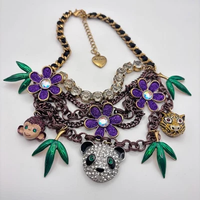 Collar Betsey Johnson Mono Selva Panda Guepardo Flores Estrás 16" Foto 1 de 4