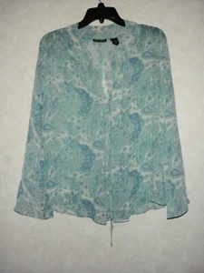 New York & Company Top Women S Green Blue Paisley Front Tie Long Sleeve - Picture 1 of 8