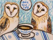 BARN OWL drinking Coffee Art Print 13x19 Artist Kimberly Helgeson Sams Wildlife