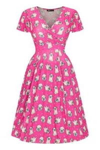 Pugs & Kisses Lyra Dress Lady v Vintage London 16-32 Pink Stretch Retro - Picture 1 of 9