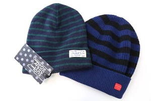 SCOTCH & SODA Ams Couture Men Hat OS Blue Striped Wool Cotton Beanie 2 Pack - Picture 1 of 11