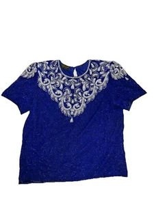 Mark & John By Sam Designer Blue And White Sequins Blouse Shirt Size XL Silk - Picture 1 of 9