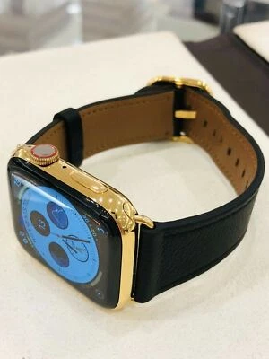 CUSTOM 24K Gold Plated 44MM Apple Watch SERIES 4 Stainless Black Leather GPS+LTE - Image 1 of 4