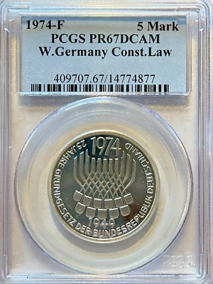 Commemorative 5 Mark Germany (1974-F: 25 years Constitution) PCGS PR67DCAM - Image 1 of 2