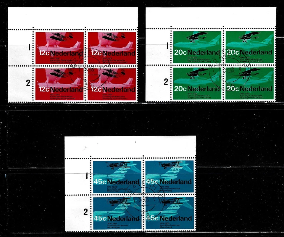 NETHERLANDS, SCOTT # 455-457, USED CTO SET OF 3 PLATE BLOCKS PLANES YEAR 1968 - Image 1 of 1