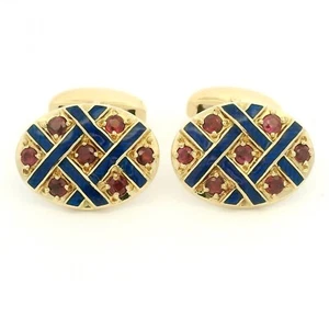 Deakin & Francis 18ct Yellow Gold Oval Ruby & Blue Enamel Cufflinks 18k - Picture 1 of 5