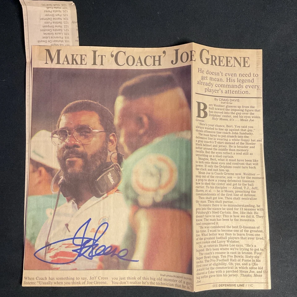 Joe Greene Steelers HOF Signed Newspaper Article Ephemera As A Dolphins Coach - Image 1 of 4