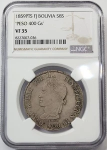 1859 PTS FJ Bolivia Silver 8 SOLES NGC VF-35 Peso 400 Gs - Picture 1 of 4