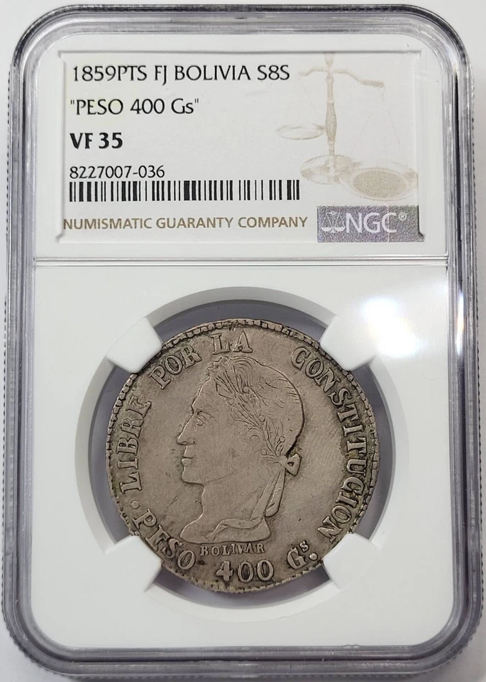 1859 PTS FJ Bolivia Silver 8 SOLES NGC VF-35 Peso 400 Gs - Image 1 of 4