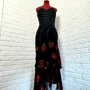 Black Red Floral 90s Sequin Strapless Gown – Women’s Size M - Picture 1 of 16