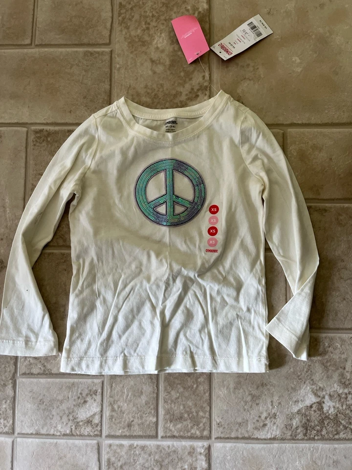 Nwt Gymboree Girls Size  Xs 3-4  Peace Symbol Sparkly Long Sleeve Tshirt Cream - Image 1 of 1