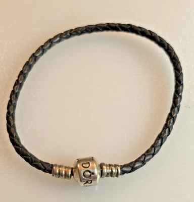 PANDORA ALE PLATA ESTERLINA 925 BROCHE CUERO NEGRO TRENZA PULSERA DIJE 7.25" Foto 1 de 4