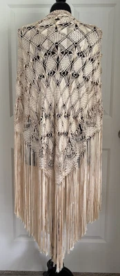 Vintage c. 1920's Ivory Silky Floral Piano Shawl With Knotted Lace Fringe - Image 1 of 4