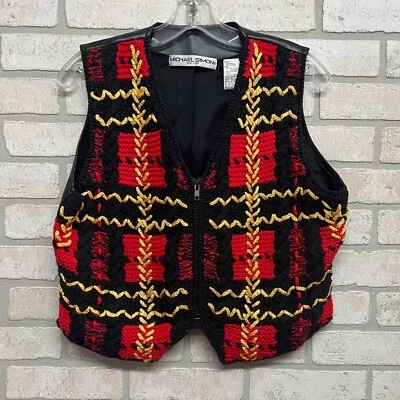 Michael Simon VTG Vest Womens Size Medium Black Plaid Full Zip Faux Leather Back - Изображение 1 из 4