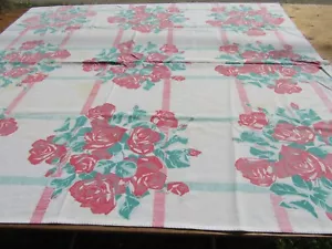 Vintage Druck Tischdecke Mauve Rosen türkis Blätter 48" x 54" Flecken TC161 - Bild 1 von 22