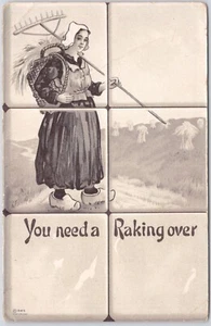 You Need a Raking Over, Dutch Woman Farmer in Clogs, Humor 1901-07 Postcard - Picture 1 of 2