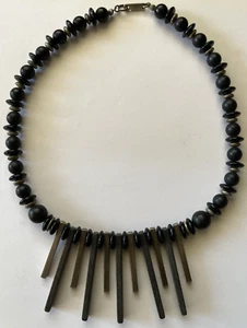 Vintage Carol Dauplaise Black Bead Necklace Metal Wood Pendants 1950's Modernist - Picture 1 of 8