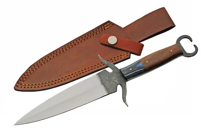Double Edge Dagger Knife Carbon Steel Blade Wood Handle w/ Leather Sheath - Image 1 of 4