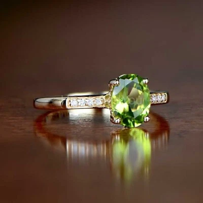 1ct Oval Cut Natural Peridot & Diamond 14k SOLID Yellow Gold Engagement Ring - Image 1 of 4