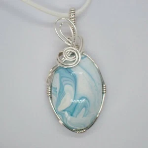 Handmade Wire Wrapped Resin Oval Cabochon - Blue/white/silver - Picture 1 of 6