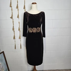 Lounge Australia Brown Velvet Dress Stretchy Size 12 Bodycon Midi Vintage 90s - Picture 1 of 15