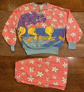 Vintage 1998 Looney Tunes Damen L Flanell 2-teiliges Pyjama Set Tweedy Vogel rosa Blumen - Bild 1 von 12
