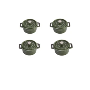 STAUB 4PCS: 10CM ROUND CAST IRON BASIL GREEN COCOTTE - Picture 1 of 4