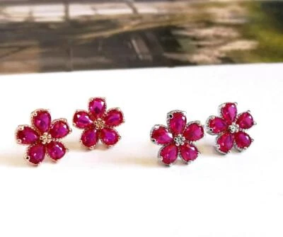 Sparkling Hot Pink Fuchsia CZ Flower Stud Earrings Rose Gold or Shiny Silver - Image 1 of 4
