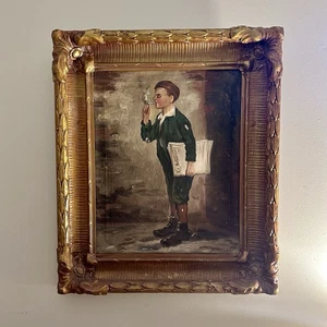 Antique Smoking Newsboy Oil Painting J.W. Brown Style Ornate Gilded Frame Signed - Picture 1 of 10
