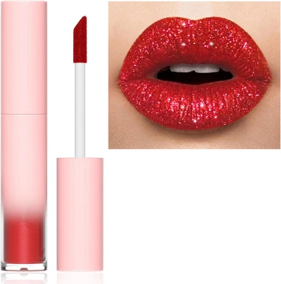 BRANDED Glitter Lip Gloss, Bright Red Lipstick, Plumping Diamond Sparkly Lipgloss, Gloss