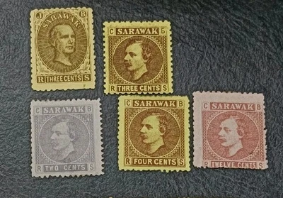 SARAWAK 1869 1875 2c 3c 4c 12c SG 1 2 3 4  7 Sc 1 2 3 4 7 Mint No Gum  thin - Image 1 of 2