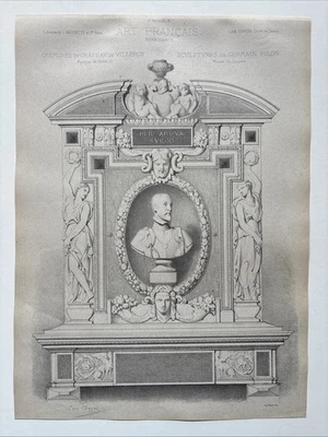 Chaminé de gravura antiga Château de Villeroy arquitetura renascentista francesa - Imagem 1 de 4