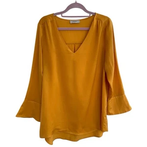 Soon Mustard Satin Plain 3/4 Sleeve V Neck Blouse 10 - Picture 1 of 5