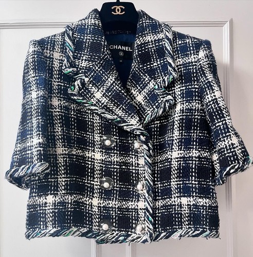 Giacca doppiopetto CHANEL 2018 primavera blu navy bianco check taglia 38