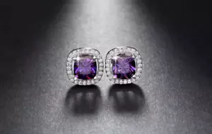 2ct Lab-Created Purple Amethyst Halo Solitaire Stud Earring 18k WhiteGold Plated - Picture 1 of 3