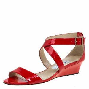 Jimmy Choo CHIARA RED Patent GOLD LOGO BUCKLE Wedge Sandals 40.5 I LOVE SHOES