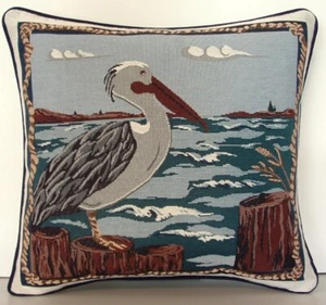 Pelican Bird Sits Looking Over The Water, Rope Design Border Tapestry Pillow New - Picture 1 of 9