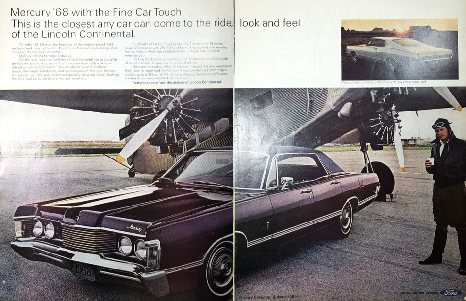 PRINT AD 1967 Mercury 68 Brougham 4 Door Hardtop Ford Airplane Pilot 2 pg - Image 1 of 1