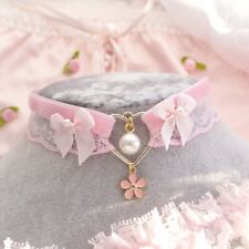 Cherry blossom little flower baby pink velvet lace choker necklace , pearl bow g