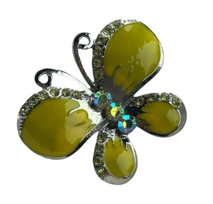 Butterfly Brooch Pin Silver  Tone & Yellow Enameled Green Rhinestone Accents Vtg - Picture 1 of 9