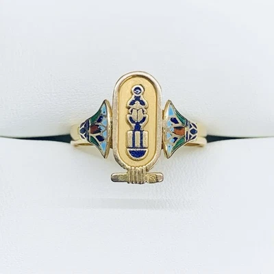 Vintage 18k Yellow Gold Egyptian Hieroglyphs Cartouche Enamel Oval Ring Size 8.5 - Image 1 of 4