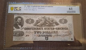 T-42 PF-5 1862 Confederate Currency $2 PCGS Banknote Uncirculated 61 Net Stains - Picture 1 of 2