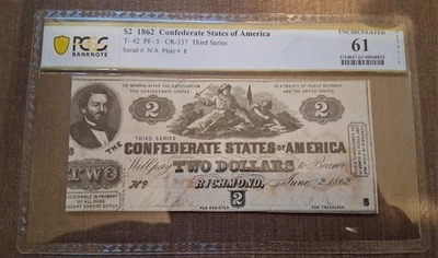T-42 PF-5 1862 Confederate Currency $2 PCGS Banknote Uncirculated 61 Net Stains - Image 1 of 2