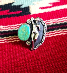 Navajo Sterling Silver Turquoise Nude Lady Ring Biker Signed CT Sz 11.5 VINTAGE - Picture 1 of 13